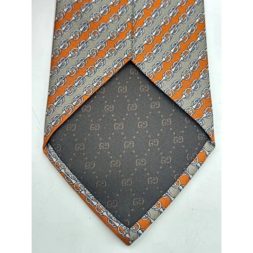 GUCCI GG Horsebit Silk Tie Orange Taupe Stripe Italy Luxury Necktie $250
